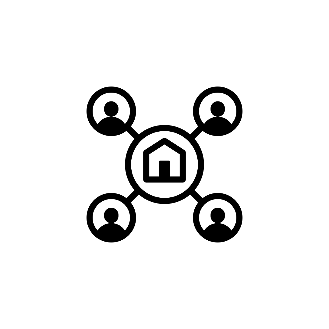 Simple drawing of a house in a network of bubbles containing people's profiles, representing sharehousing